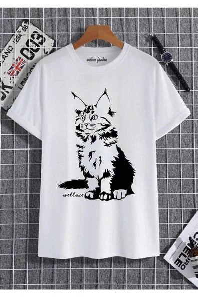 Oturan Kedi Baskılı Oversize Penye T-shirt ürün görseli 1