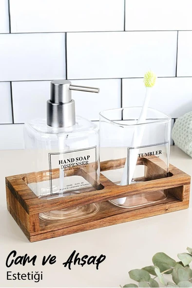 Ahşap Standlı Cam Sıvı Sabunluk Seti - Sıvı Sabun Şişesi & Diş Fırçalığı Banyo Seti (Gümüş 550 ml) ürün görseli 1