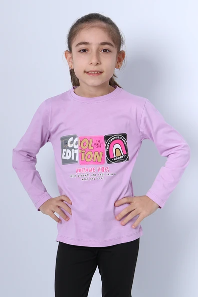 KIZ ÇOCUK UZUN KOLLU TSHİRT 4 MEVSİM BİSİKLET YAKA COOL EDİTİON BASKILI D45 ürün görseli 1