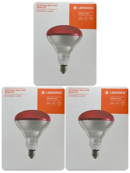 (3 Adet) Ledvance 250W Kızılötesi (infrared) Isıtıcılı Hayvan Isıtma ve Fizik Tedavi Lambası (Kırmızı Işık) E27 (Kalın Duy) ürün görseli 1