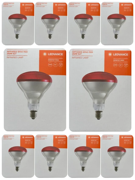 (10 Adet) Ledvance 250W Kızılötesi (infrared) Isıtıcılı Hayvan Isıtma ve Fizik Tedavi Lambası (Kırmızı Işık) E27 (Kalın Duy) ürün görseli 1