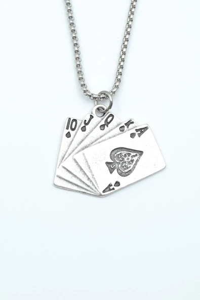 Poker İskambil Gümüş Kaplama Örme Zincir Kolye ürün görseli 1