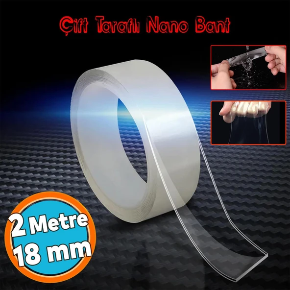 Çift Taraflı Nano Bant Suya Dayanıklı Yıkanabilir Güçlü Yapıştırma Bandı Şeffaf 18 mm x 2 Metre ürün görseli 1