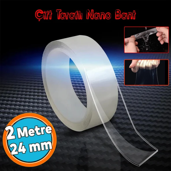 Çift Taraflı Nano Bant Yıkanabilir Montaj Çok Amaçlı Güçlü Yapıştırma Bandı Şeffaf 24 mm x 2 Metre ürün görseli 1