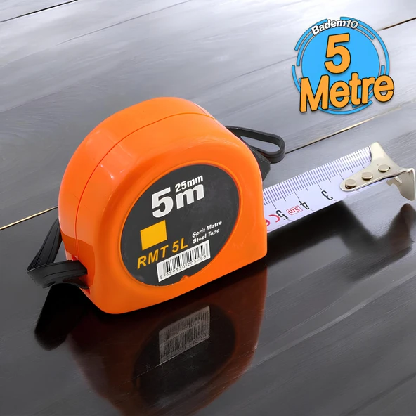 Şerit Metal Bükülebilir Metre 5 m x 25 mm Turuncu Renk Düğmeli Ölçüm Ölçme Plastik Kasalı ürün görseli 1