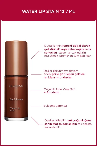 CLARİNS WATER LIP STAIN 12 7ML - Mat Görünüm ve Silinmeyen Kalıcılık ürün görseli 1