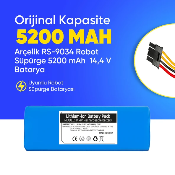 Arçelik RS-9034 Robot Süpürge 5200 mAh  14,4 V Batarya – Orjinal Uyumlu Uzun Ömürlü, Yüksek Performans Pil ürün görseli 1