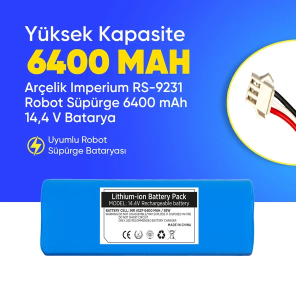 Arçelik Imperium RS-9231 Robot Süpürge 6400 mAh  14,4 V Batarya – Orjinal Uyumlu Uzun Ömürlü, Yüksek Performans Pil ürün görseli 1