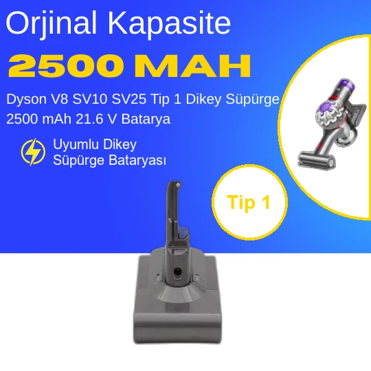 Dyson V8 SV10 SV25 Tip 1 Dikey Süpürge 2500 mAh 21.6 V  Batarya – Orjinal Uyumlu Uzun Ömürlü, Yüksek Performans Pil ürün görseli 1