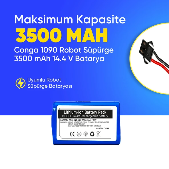 Conga 1090 Robot Süpürge 3500 mAh 14.4 V,  Batarya – Orjinal Uyumlu Uzun Ömürlü, Yüksek Performans Pil ürün görseli 1