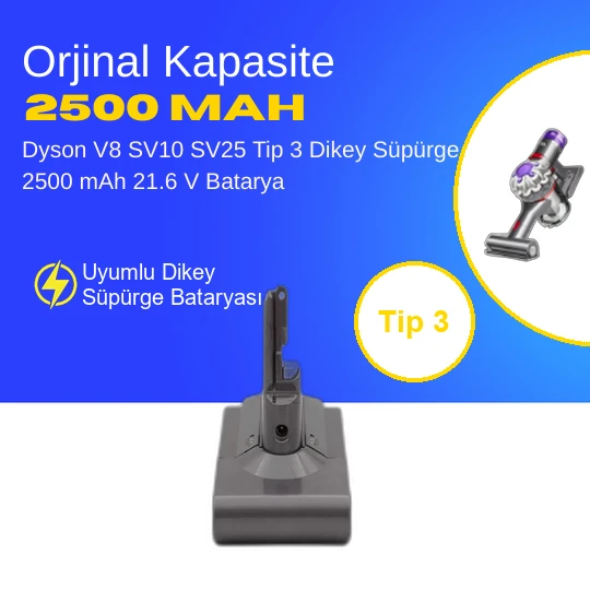 Dyson V8 SV10 SV25 Tip 3 Dikey Süpürge 2500 mAh 21.6 V  Batarya – Orjinal Uyumlu Uzun Ömürlü, Yüksek Performans Pil ürün görseli 1
