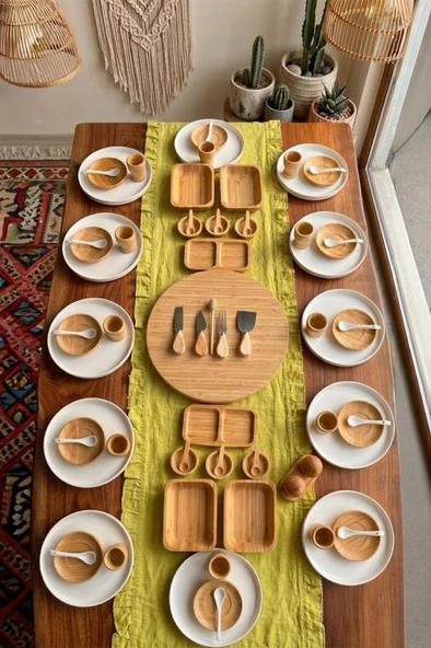 Atbyhome 12 Kişilik 75 Parça Porselen- Bambu Kahvaltı Takımı - Lüx Kahvaltılık Sunum Seti ürün görseli 1