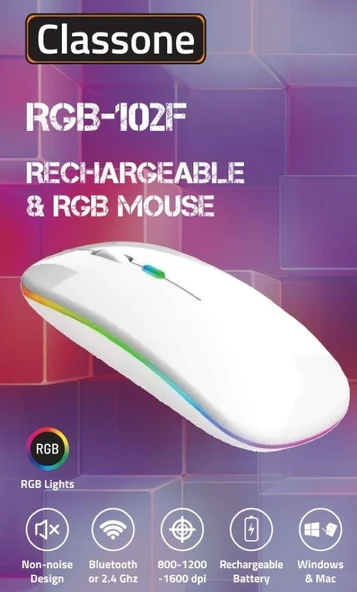Classone RGB-102F RGB Işıklı, Efektli, Silent-Sessiz, RF Kablosuz, Bluetooth Mouse – Beyaz ürün görseli 1