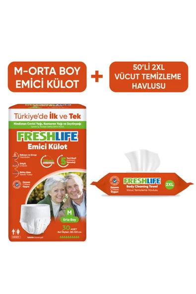 Freshlife Medium Emici Külot Bez 30 Adet+ 2XL Vücut Temizleme Havlusu 50 Yaprak ürün görseli 1