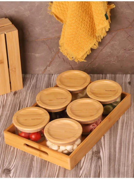 Bambum Duo 300ml 6'lı Bambu Kapaklı Cam Kahvaltılık Seti ürün görseli 1