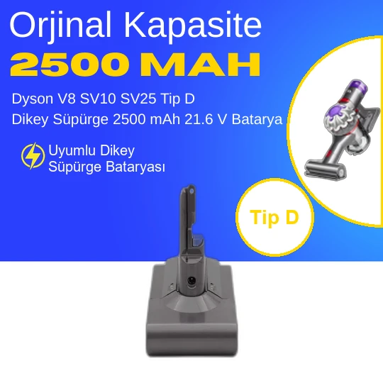 Dyson V8 SV10 SV25 Tip D Dikey Süpürge 2500 mAh 21.6 V  Batarya – Orjinal Uyumlu Uzun Ömürlü, Yüksek Performans Pil ürün görseli 1