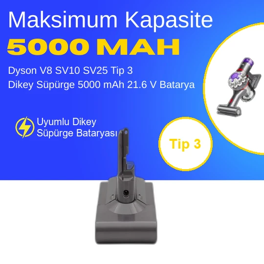 Dyson V8 SV10 SV25 Tip 3 Dikey Süpürge 5000 mAh 21.6 V  Batarya – Orjinal Uyumlu Uzun Ömürlü, Yüksek Performans Pil ürün görseli 1