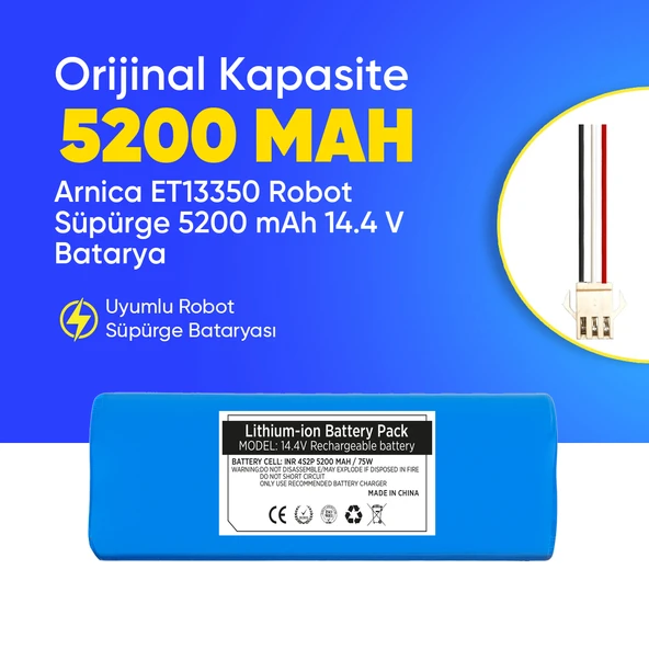Arnica ET13350 Robot Süpürge 5200 mAh 14.4 V  Batarya – Orjinal Uyumlu Uzun Ömürlü, Yüksek Performans Pil ürün görseli 1