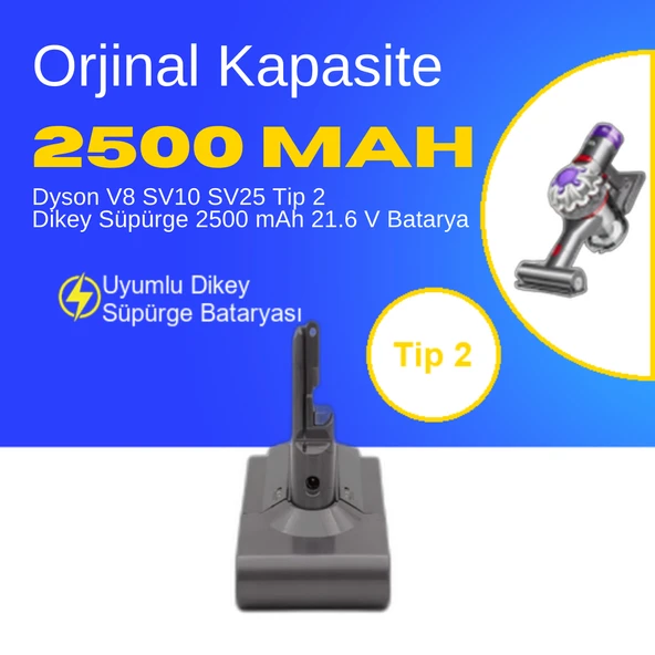 Dyson V8 SV10 SV25 Tip 2 Dikey Süpürge 2500 mAh 21.6 V  Batarya – Orjinal Uyumlu Uzun Ömürlü, Yüksek Performans Pil ürün görseli 1