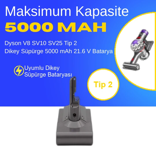 Dyson V8 SV10 SV25 Tip 2 Dikey Süpürge 5000 mAh 21.6 V  Batarya – Orjinal Uyumlu Uzun Ömürlü, Yüksek Performans Pil ürün görseli 1