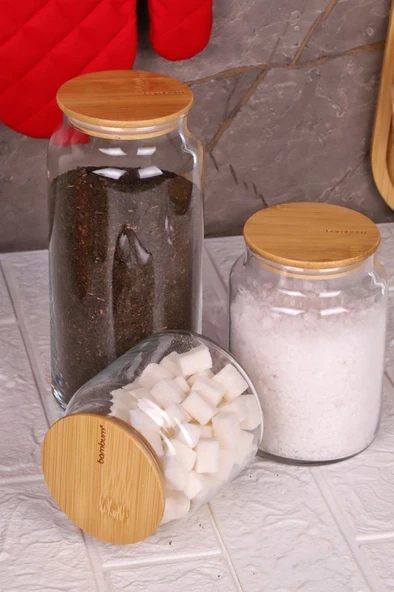 Zone - 3'lü Cam Saklama Kabı 600ml-800ml-1300ml Vakumlu Bambu Kapaklı ürün görseli 1