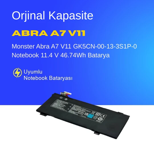 Monster Abra A7 V10 GK5CN-00-13-3S1P-0 Notebook 11.4 V 46.74Wh Batarya – Orjinal Uyumlu, Yüksek Performanslı ürün görseli 1