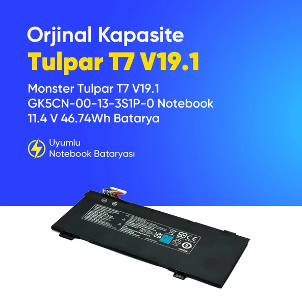 Monster Tulpar T7 V19.1 GK5CN-00-13-3S1P-0 Notebook 11.4 V 46.74Wh Batarya – Orjinal Uyumlu, Yüksek Performanslı ürün görseli 1