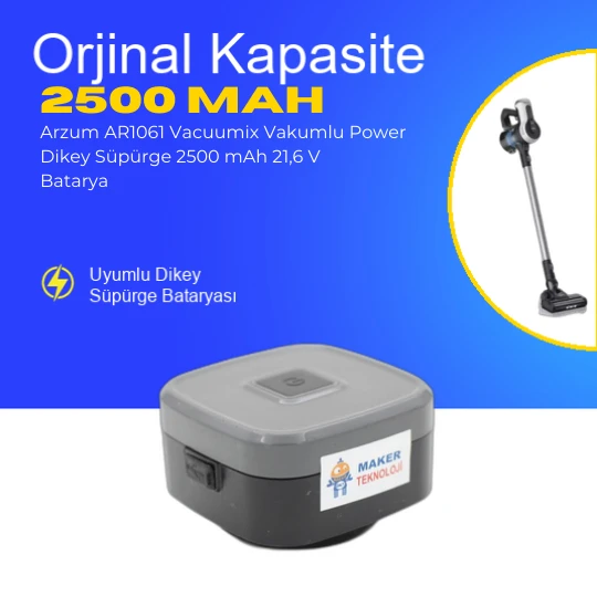 Arzum AR1061 Vacuumix Vakumlu Power Dikey Süpürge 2500 mAh 21,6 V  Batarya – Orjinal Uyumlu Uzun Ömürlü, Yüksek Performans Pil ürün görseli 1