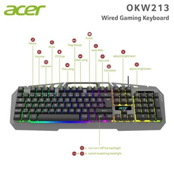Acer OKW213 Gri RGB Rainbow Backlit Gaming Keyboard Rainbow (Kablo Uzunluğu 1,5mt) ürün görseli 1