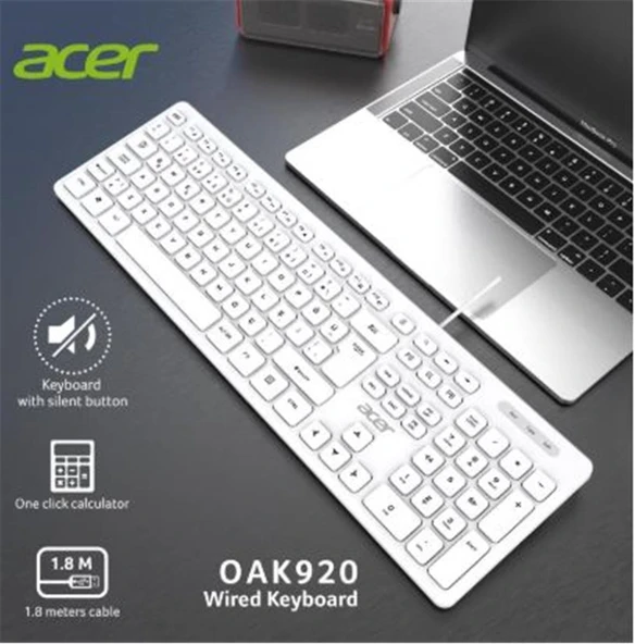 Acer OAK920 Q Usb Beyaz 1.8mt Kablolu Klavye-Tek Tuş Hesap Makinalı (Sessiz Tuş) ürün görseli 1