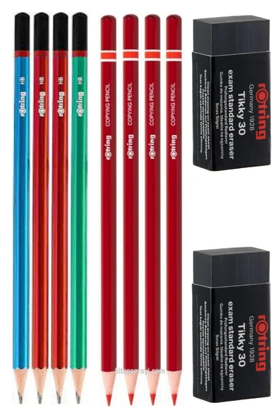 Rotring kurşun ve kırmızı kalem seti , silgili set (4+4) +2 silgi hb mercanlı ürün görseli 1