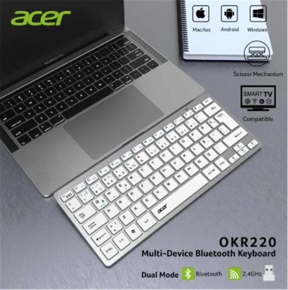 Acer OKR220 Beyaz MultiDevice Dual Mode 2.4GHZ Bluetooth Klavye (Smart Tv)(Android) - Resim 2