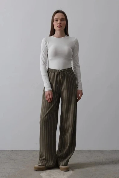 Beli Lastikli Bol Paça Pantolon - Haki-Beyaz ürün görseli 1