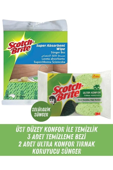 SCOTCH BRİTE Sil Temizle Seti - Temizlik Bezi 3 Adet + Selülozik Tırnak Konfor Süngeri 2 Adet ürün görseli 1