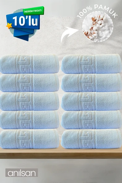 10'lu Mavi Greek Beyaz Banyo Havlusu - 70x140 Cm, 490 Gr, %100pamuk, Spa Ve Otel Havlusu ürün görseli 1