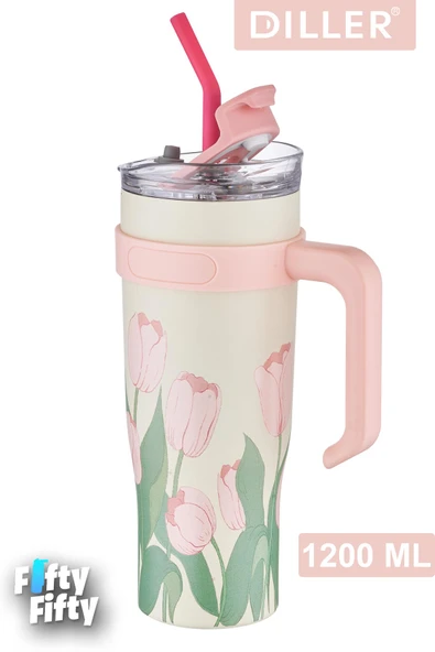 DILLER Quencher Cup 1200 ML Pipetli/Rahat İçim Kulplu Paslanmaz Çelik Termos -FFDILLERD9120 ürün görseli 1