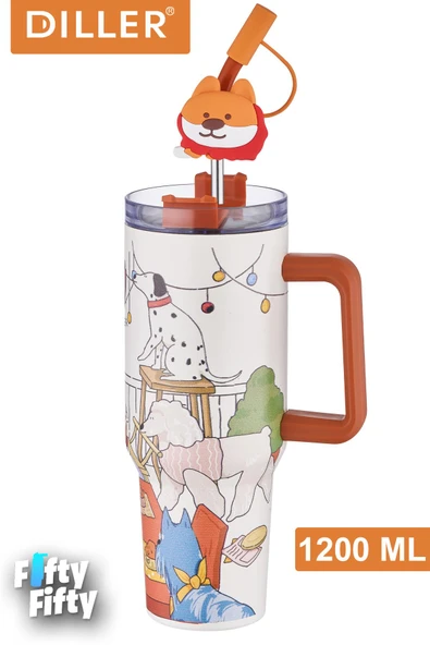 DILLER Quencher Cup 1200 ML Pipetli/Rahat İçim Kulplu Paslanmaz Çelik Termos -FFDILLERD9222 ürün görseli 1