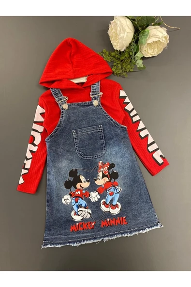 Minnie Desenli Badili Çantalı 2 Li  Kız Çocuk Ayarlanabilir Askılı Uzun Kollu Kot Jile ürün görseli 1