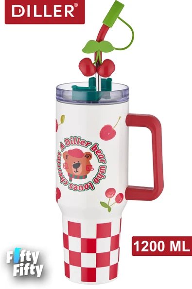DILLER Quencher Cup 1200 ML Pipetli/Rahat İçim Kulplu Paslanmaz Çelik Termos -FFDILLERD9221 ürün görseli 1