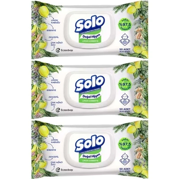 Solo Islak Havlu Mendil 50 Yaprak Limon & Biberiye (3 Lü Pk) 150 Yaprak ürün görseli 1