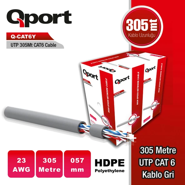 QPORT Q-CAT6Y 305 METRE 23AWG GRI CAT6 UTP PE KABLO ürün görseli 1