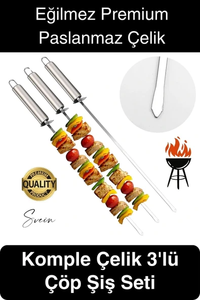 3 Adet 40 cm Premium Paslanmaz Çelik Saplı Izgara Şişleri Et Tavuk Barbekü Kebap Mangal Adana Urfa ürün görseli 1