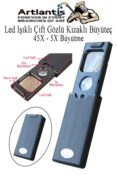 Led Işıklı Çift Gözlü Kızaklı Büyüteç 1 Adet Mor Işıklı 45X 5X Büyütme Lens El Tipi Lup Mercek Büyüteç Okul Büro Ofis ürün görseli 1