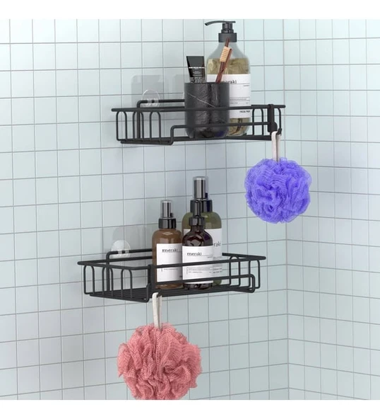 Banyo Düzenleyici Yapışkanlı Metal Banyo ve Dolap Rafı İkili Duş Rafı Organizer Şampuanlık Mat siyah-GNRL242 ürün görseli 1