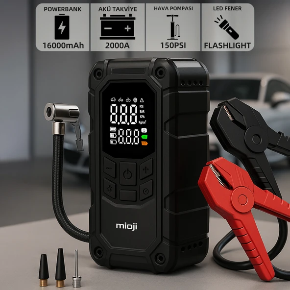 Mioji D8H Plus 4in1 16000MAH 2000A Akü Takviye + Hava Pompası + Led Fener + Powerbank ürün görseli 1
