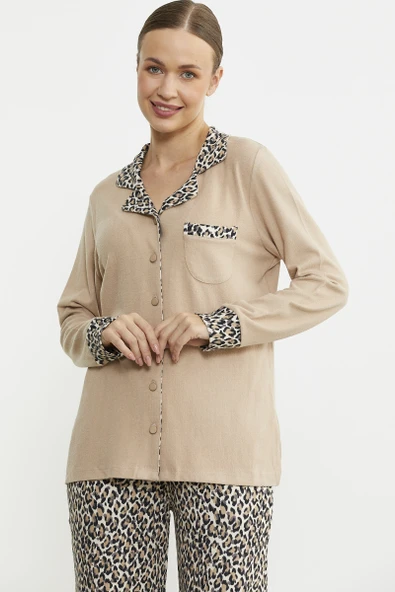 Leopar Kombinli Gömlek Pijama Takım - Bej ürün görseli 1