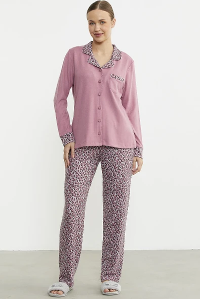 Leopar Kombinli Gömlek Pijama Takım - Pembe ürün görseli 1