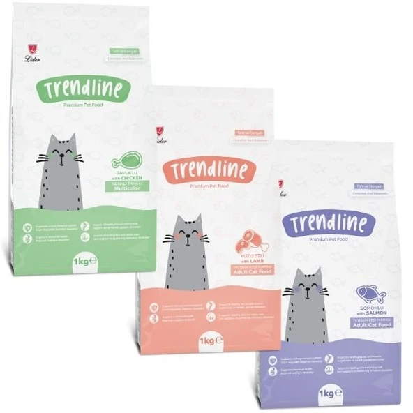 Trendline Karışık (Somonlu, Kuzu Etli ve Tavuklu Renkli Taneli) Kedi Maması 1 kg x 3 Adet ürün görseli 1