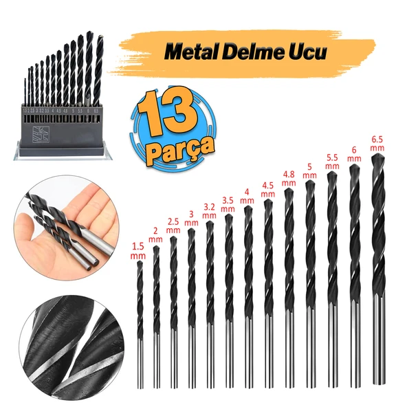 Metal Delme Matkap Ucu Seti 13 'lü Paket Çelik Metal Alüminyum Delici Uç 1.5 - 6.5 mm Arası Çap ürün görseli 1