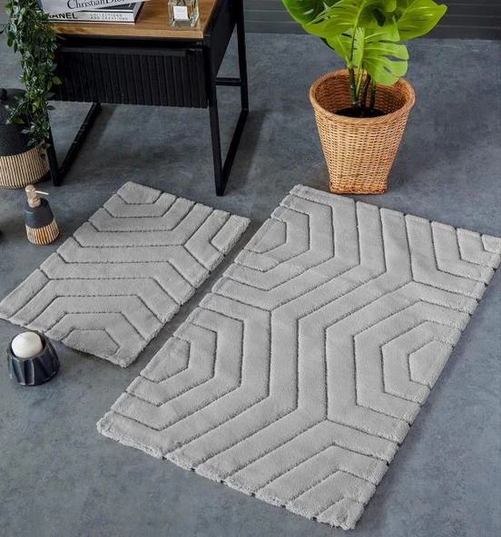 HC&W Plaid 2'li Açık Gri Banyo Paspası Seti ürün görseli 1